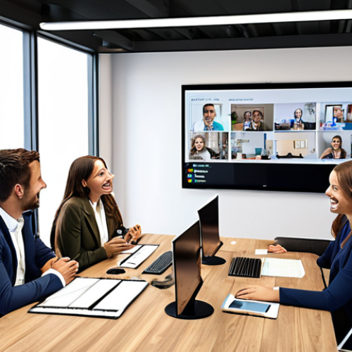 Home 11 **
* Prompt: "Team meeting, central communication hub visualized, happy sales team, collaborative atmosphere, modern office space, digital display showing project updates, Italian setting."
**