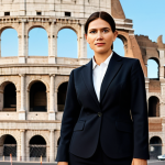 Home 13 Professional Businesswoman**
"A professional businesswoman in a modest business suit, standing confidently in front of the Colosseum in Rome, fully clothed, appropriate attire, safe for work, perfect anatomy, natural proportions, professional photography, high quality."
**