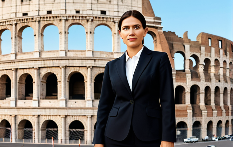 Professional Businesswoman**
"A professional businesswoman in a modest business suit, standing confidently in front of the Colosseum in Rome, fully clothed, appropriate attire, safe for work, perfect anatomy, natural proportions, professional photography, high quality."
**
