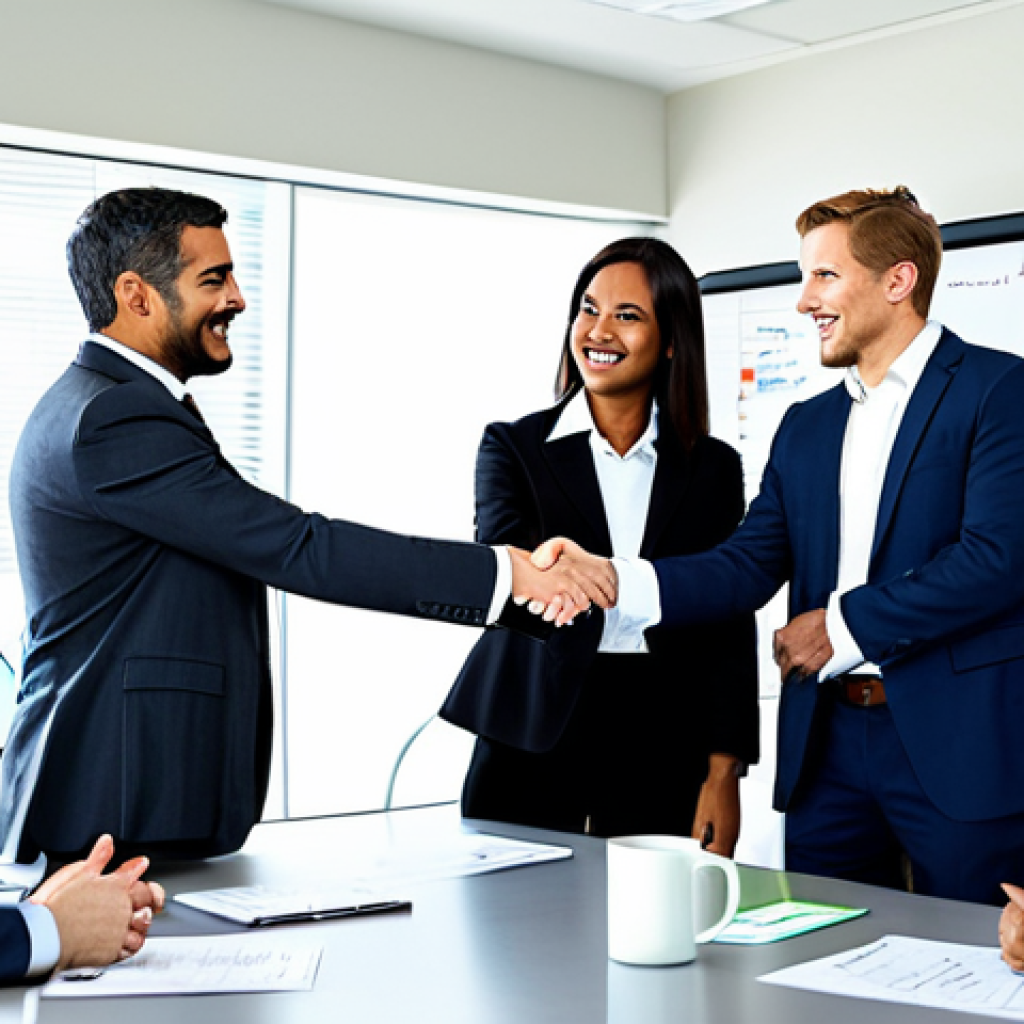 Business Meeting Success**
"A diverse group of professionals in a brightly lit, modern conference room, fully clothed in business attire, shaking hands after a successful negotiation, whiteboard with charts and graphs in the background, safe for work, perfect anatomy, natural proportions, professional photography, high quality, modest clothing, appropriate content."
**
