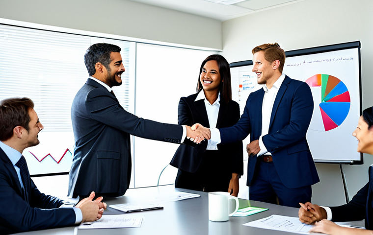 Business Meeting Success**

"A diverse group of professionals in a brightly lit, modern conference room, fully clothed in business attire, shaking hands after a successful negotiation, whiteboard with charts and graphs in the background, safe for work, perfect anatomy, natural proportions, professional photography, high quality, modest clothing, appropriate content."

**