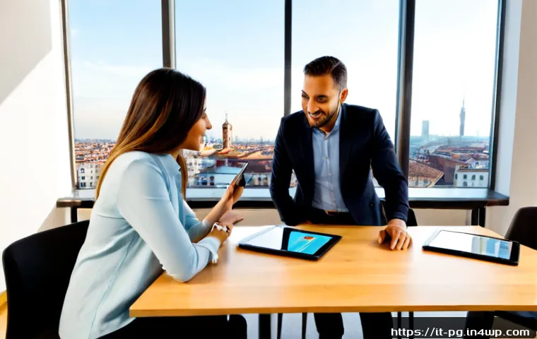Home 12 BB 세일즈 프로세스 개선을 위한 멀티채널 전략 - Photorealistic Italian B2B sales strategy meeting in a bright Milan office, diverse business team ga...